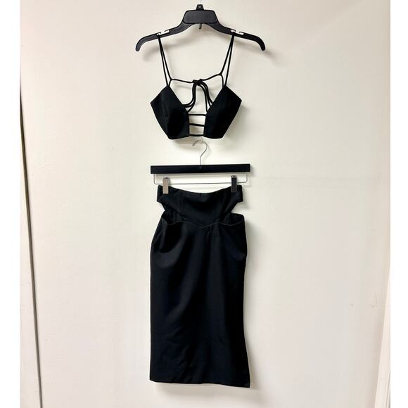 Hand Lace Roller Neck  Crop Top & Cutout Midi Skirt Set Black Women 38 / US 4 - Picture 1 of 6